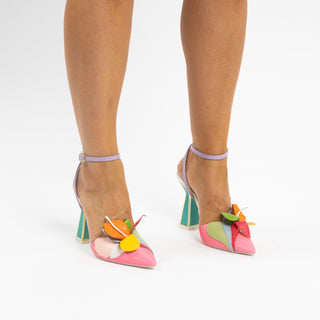 Kat Maconie, Rafi, Pastel multi-coloured leather pump with pointed toes and 3D petals with an hourglass heel with gold edging modelled with feet and legs, The Shoe Curator
