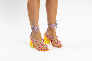 Kat Maconie, Monira, Multi coloured leather shoe with a rope strap and gold edging on kicker block heel modelled with feet and legs, The Shoe Curator