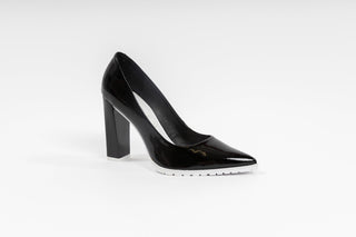 Capelli Rossi Black patent stiletto with pointed toes and white rubber tread, patent black block heel, Caroline, The Shoe Curator
