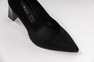 Capelli Rossi black stripey suede pump with pointed toes and black patent block heel with rubber tread, Mary-Anne, The Shoe Curator