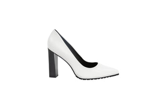 Capelli Rossi white leather pointed toe pump heel with black tread sole and patent black block heel, Georgia, The Shoe Curator