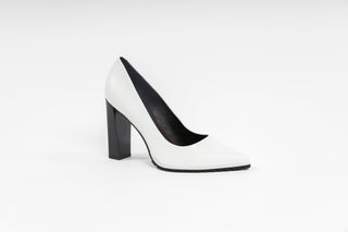 Capelli Rossi white leather pointed toe pump heel with black tread sole and patent black block heel, Georgia, The Shoe Curator