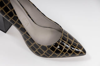 Capelli Rossi green, brown and black croc patent pointed toe heel with a patent black block heel, Linda, The Shoe Curator