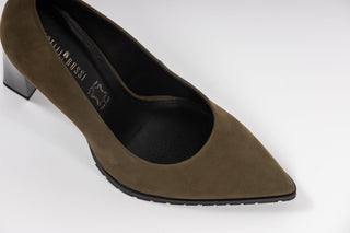 Capelli Rossi moss green suede with pointed toes and black patent block heel with black rubber tread, Sheree, The Shoe Curator