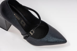 Capelli Rossi black leather mary-jane pump with pointed toes and a patent black block heel and patent black thin strap, Duffy, The Shoe Curator.