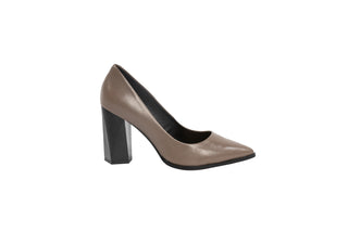 Capelli Rossi dark grey leather pump with pointed toes and a black patent hexagon block heel, Liz, The Shoe Curator