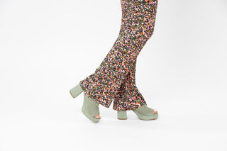 Unisa, Amy, Teel suede pump with peeped toe and open back with block croc patterned heel styled with multi coloured long pants and styled with feet and legs, The Shoe Curator