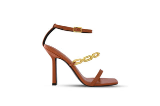 Kat Maconie, Arboga-Caramel, thing leather caramel strap with gold chain strap and stiletto heel, The Shoe Curator