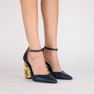 Kat Maconie, Emmi, Dark-Blue leather with croc texture and pointed toe with thin buckle strap and gold patent chain modelled with feet and legs, The Shoe Curator