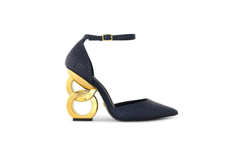 Kat Maconie, Emmi, Dark-Blue leather with croc texture and pointed toe with thin buckle strap and gold patent chain, The Shoe Curator