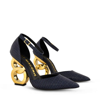 Kat Maconie, Emmi, Dark-Blue leather with croc texture and pointed toe with thin buckle strap and gold patent chain, The Shoe Curator