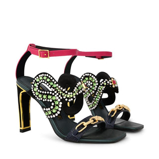 Kat Maconie, Yazz, Black suede with multi coloured crystals in the shape of a serpent and blue metallic croc leather with gold chain across toes, included a slim-wide heel with gold edging and a hot pink buckle strap, The Shoe Curator