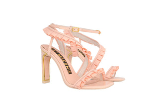 Kat Maconie, Anika, crystal pink peach colour ruffle strap gold detail shaved block heel, The Shoe Curator