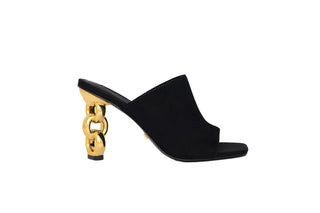 Kat Maconie, Kylie, black suede front cover on a peeped toe high heel with a twisted gold patent heel, The Shoe Curator