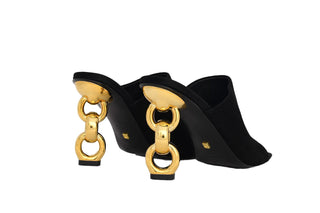 Kat Maconie, Kylie, black suede front cover on a peeped toe high heel with a twisted gold patent heel, The Shoe Curator