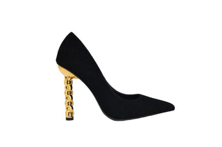 Kat Maconie, Lydia, Black suede stiletto with pointed toes and a twisted gold chain heel, The Shoe Curator