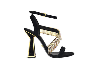 Kat Maconie, Mila, Black suede adjustable buckle strap with crystal fringe and gold edging on the hourglass heel, The Shoe Curator