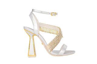 Kat Maconie, Mila, Silver leather buckle strap with crystal fringe down the foot with hourglass heel with gold edging, The Shoe Curator