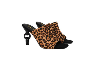 Kat Maconie, Kylie, Leopard print suede peeped toe high heel with a black link chain heel, The Shoe Curator
