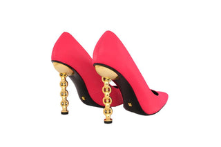Kat Maconie, Lydia, Hot pink leather stiletto with pointed toes and a twisted gold chain, The Shoe Curator