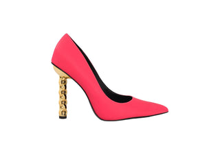 Kat Maconie, Lydia, Hot pink leather stiletto with pointed toes and a twisted gold chain, The Shoe Curator