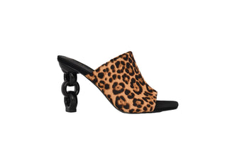 Kat Maconie, Kylie, Leopard print suede peeped toe high heel with a black link chain heel, The Shoe Curator