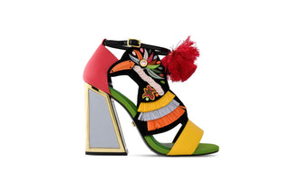 Kat Maconie, Aya, rainbow multi-coloured leather, pom pom and bird detailed pump with a silver and gold block heel, The Shoe Curator