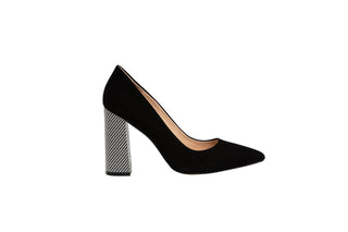 Capelli Rossi Black Suede Pump with Black and White checkered block high heel and pointed toe, Alex, The Shoe Curator