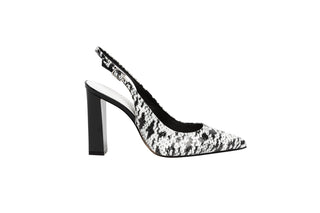 Capelli Rossi black and white snake emboss with pointed toes and patent block heel and slingback, Alica, The Shoe curator.