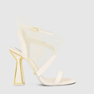 Kat Maconie, Amba, White heel with white thin straps down the shoe with open toes and hourglass heel with gold edging and sheer fabric  going around the front foot, The Shoe Curator