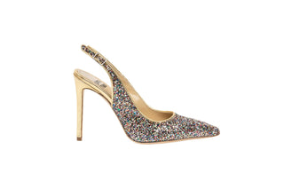 Gianna Meliani, Andy, Multi coloured sparkled pointed toe with slingback pump and gold leather stiletto heel, The Shoe Curator