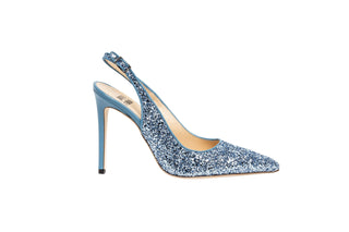 Gianna Meliani, Andy, Light blue sparkly slingback pump with pointed toes and a blue leather stiletto heel, The Shoe Curator