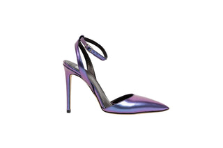 Gianni Meliani, Astra, Purple metallic slingback pump with ankle adjustable strap and pointed toe and stiletto heel, The Shoe Curator 