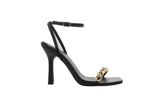 Billini, Blane, Black leather stiletto with thin ankle strap and thin toe band with gold loop chain, The Shoe Curator