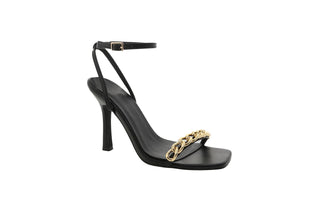 Billini, Blane, Black leather stiletto with thin ankle strap and thin toe band with gold loop chain, The Shoe Curator