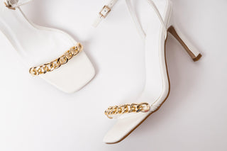Billini, Blane, White leather stiletto with thin ankle strap and thin toe band with gold loop chain, The Shoe Curator