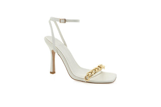 Billini, Blane, White leather stiletto with thin ankle strap and thin toe band with gold loop chain, The Shoe Curator