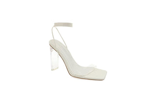 Billini, Cera, White leather pump with squared toe, clear slim-wide heel and toe cover and thin straps around ankle, The Shoe Curator