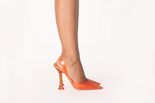 Billini, Fenella, Orange silicone pointed toes and slingback pump with hourglass pyramid heel modelled with feet and legs, The Shoe Curator