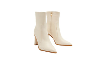 Billini, Mirie, White High Rise leather boot with pointed toes and block heel, The Shoe Curator