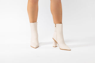 Billini, Mirie, White High Rise leather boot with pointed toes and block heel modelled with feet and legs, The Shoe Curator