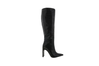 Billini, Rasana, Black croc patent knee high bool with slim wide block with pointed toes, The Shoe Curator