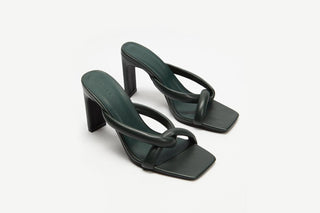 Billini, Rush, Dark green leather pump with twist strap with peeped squared toes and slim-wide heel, The Shoe Curator