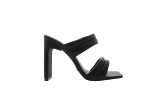 Billini, Tribute, Black leather pump with peeped squared toes and slim-wide block heel with 2 double straps across front of foot, The Shoe Curator