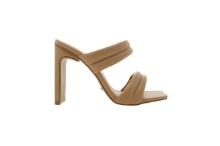 Billini, Tribute, Light brown leather pump with peeped squared toes and slim-wide block heel with 2 double straps across front of foot, The Shoe Curator