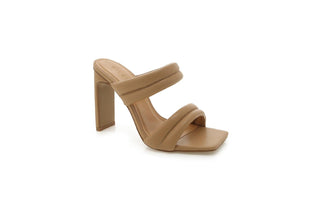Billini, Tribute, Light brown leather pump with peeped squared toes and slim-wide block heel with 2 double straps across front of foot, The Shoe Curator