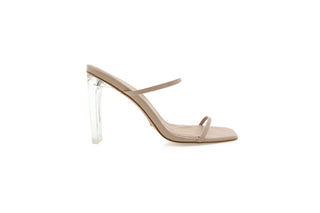 Billini, Yasara, Light Brown leather pump with thin straps with peeped square toes and clear green slim-wide block heel, The Shoe Curator