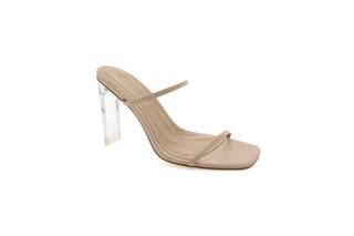 Billini, Yasara, Light Brown leather pump with thin straps with peeped square toes and clear green slim-wide block heel, The Shoe Curator