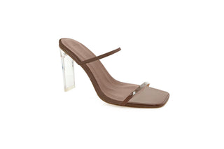 Billini, Yasara, Brown leather pump with thin straps with peeped square toes and clear green slim-wide block heel, The Shoe Curator