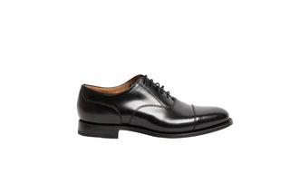Loake, Bloxto, Black leather patent shoe with slim squared toes and black laces, The Shoe Curator.